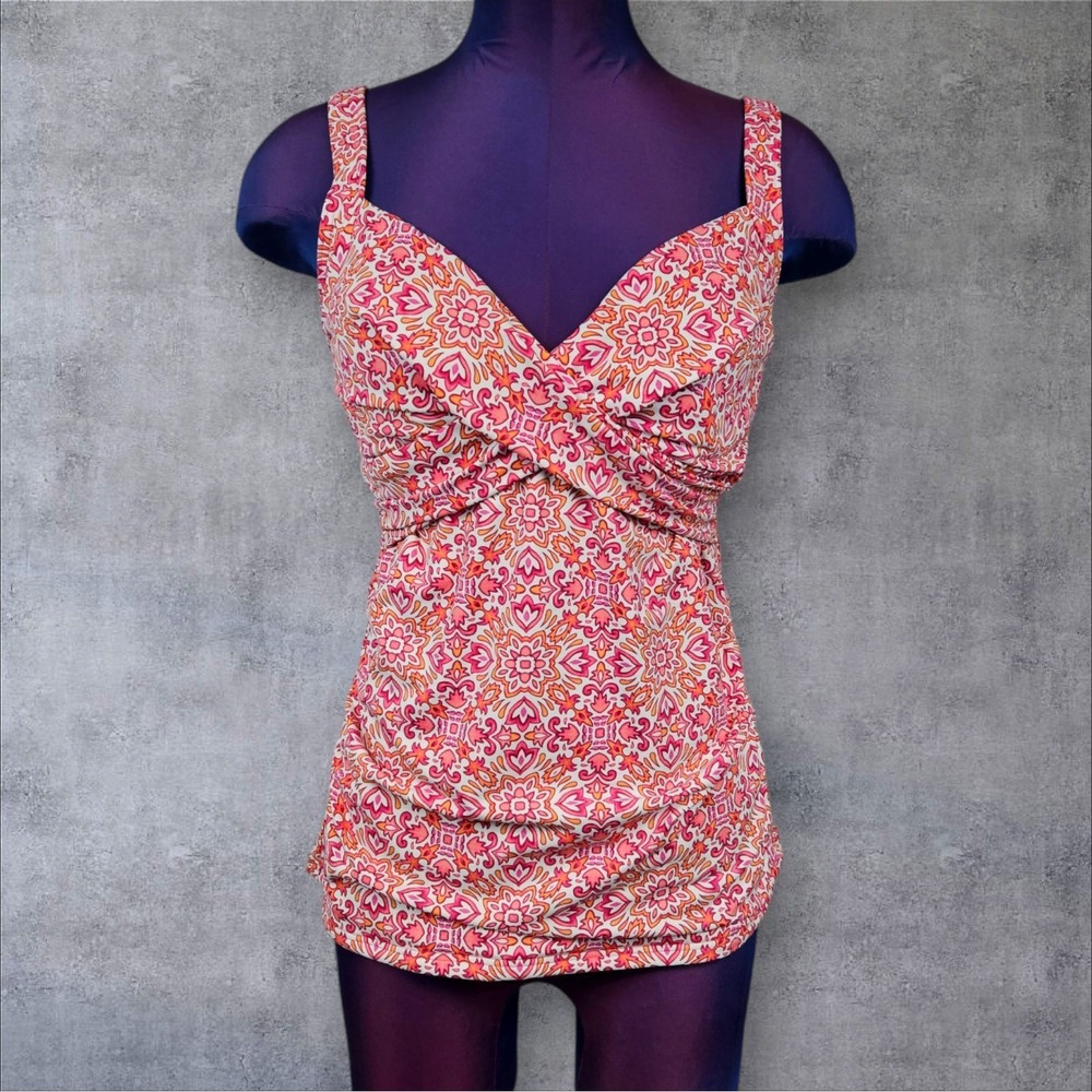 Lands' End Pink & Orange Shirred Tankini Top Size 6L Women's Swim Suit N37